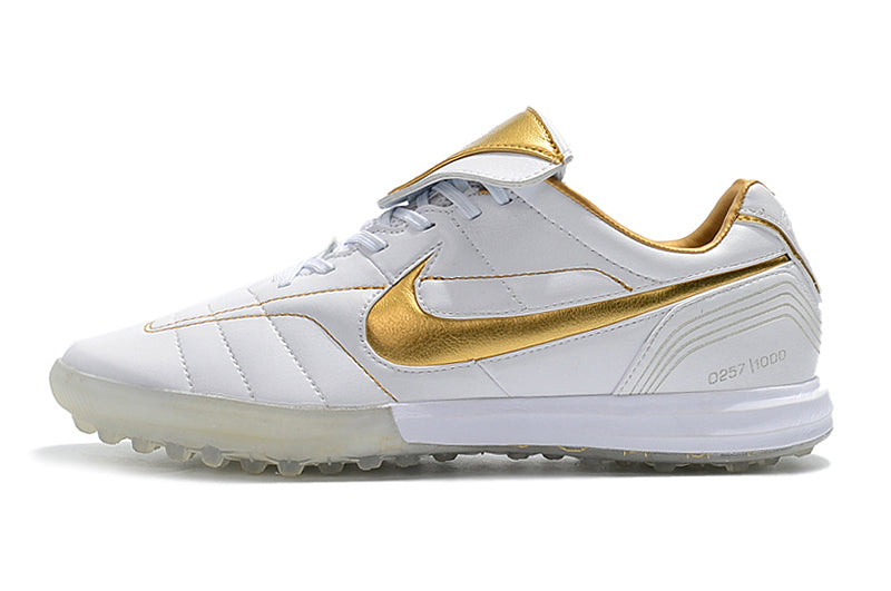 Chuteira Society Nike Retro Tiempo Legend 7 Elite Tf Branca E Dourado R10